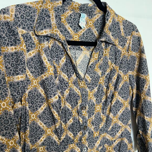 Maeve Button Front Collared Dress Gray Mustard Print Cotton Retro Boho Prairie - Picture 3 of 15